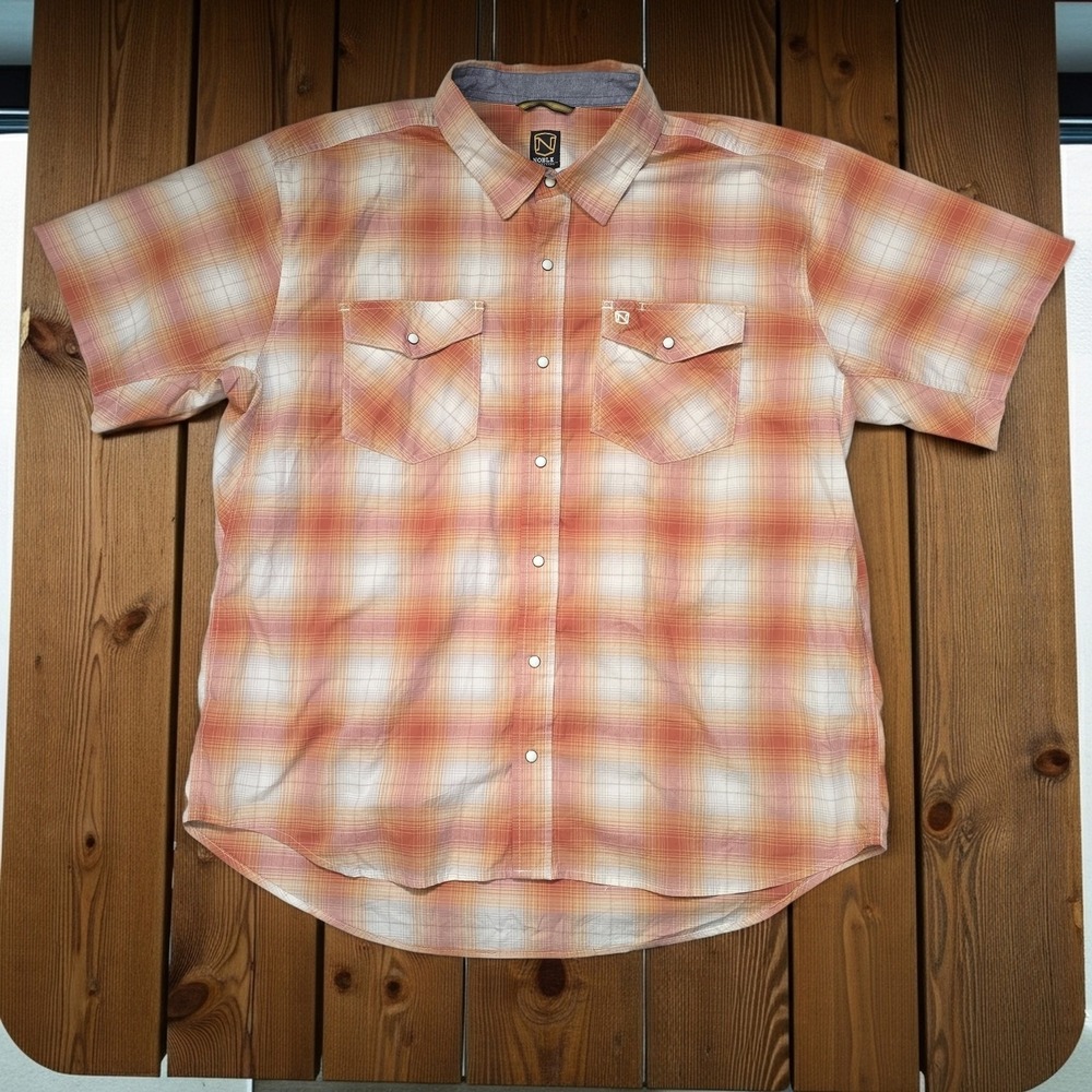 Noble Outfitters Mens XXL Orange Plaid Short Sleeve Western Pearl Snap Shirt